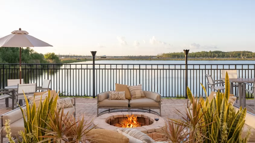 Oasis Lakeside patio with firepit